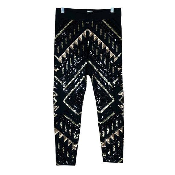Express Womens Pants Black Gold Sequin High Rise Pull On Legging Stretch Small - Picture 1 of 12